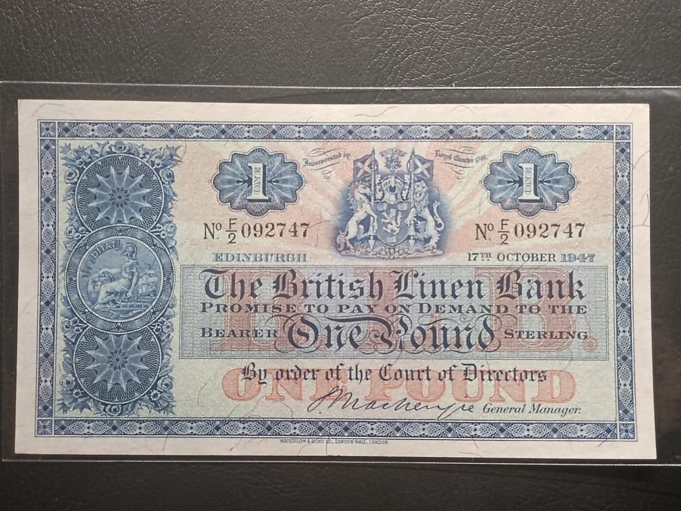 2026二月第一期，总215期 苏格兰不列颠亚麻银行1947年1镑UNC-，不列颠尼亚女神，早期大票幅版本，稀有品种