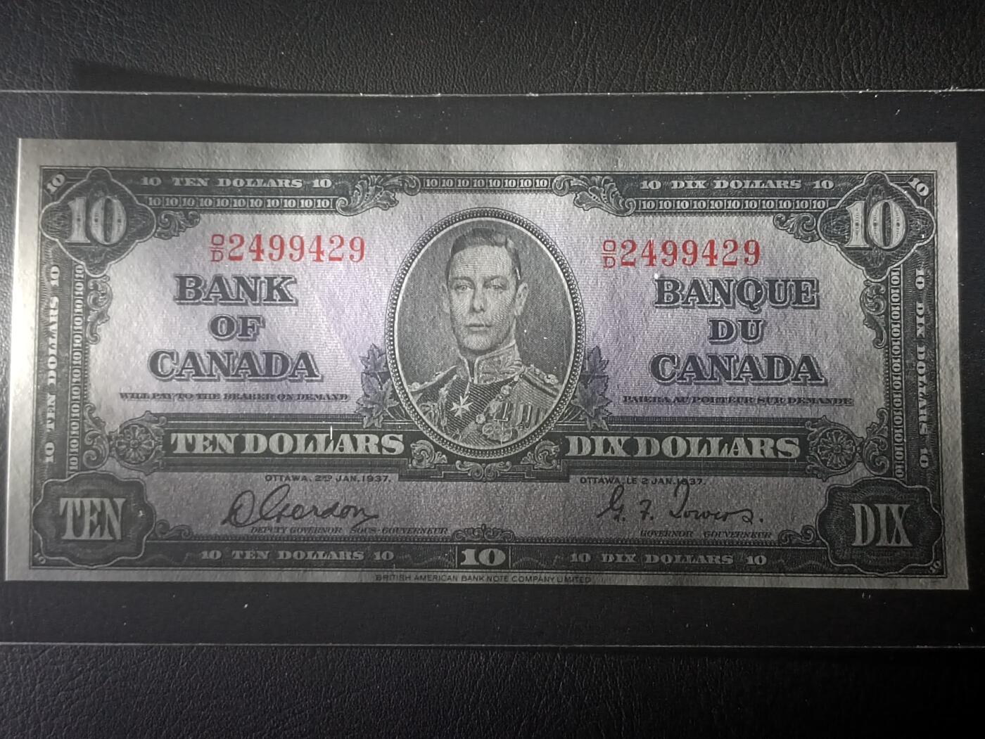 2026二月第一期，总215期 加拿大1937版10元UNC-，乔治六世国王和商业神墨丘利，稀有中高面值品种