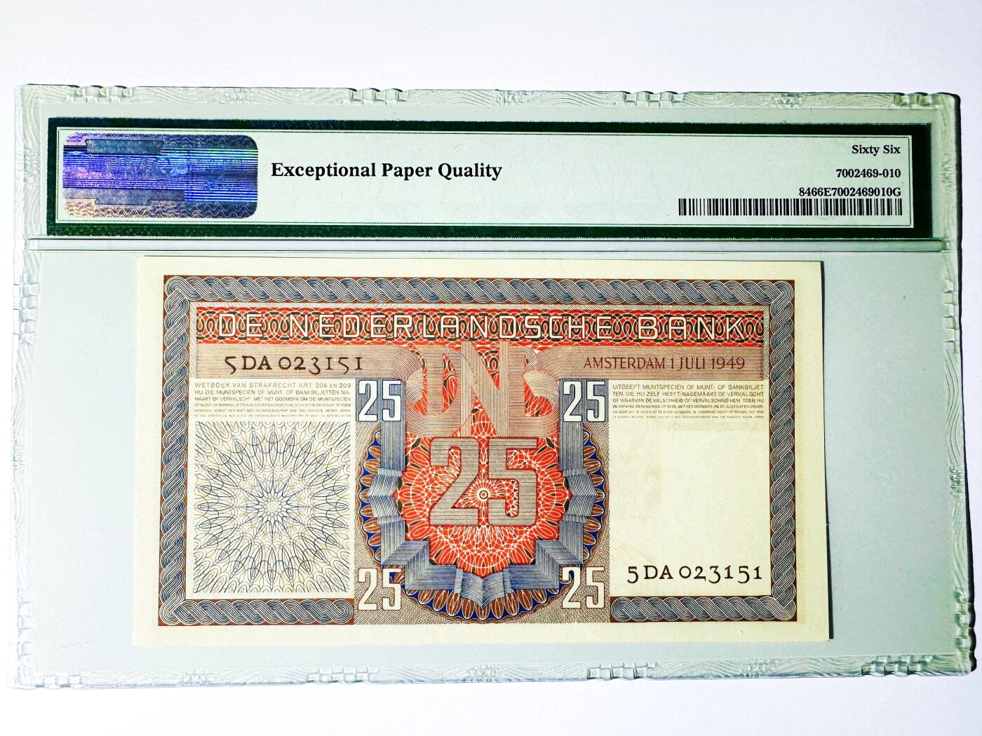 【Blue Auction】世界纸币精拍第781期——18级TOP拍卖/信誉/品质/专业/高效💫 【仅1张更高分 无47】荷兰1949年25盾 所罗门王 背景为圣马丁以割袍赠予化身为乞丐的耶稣 PMG66EPQ 顶级高分难遇 老壳 （去年6月一张67分的拍了6000美金）