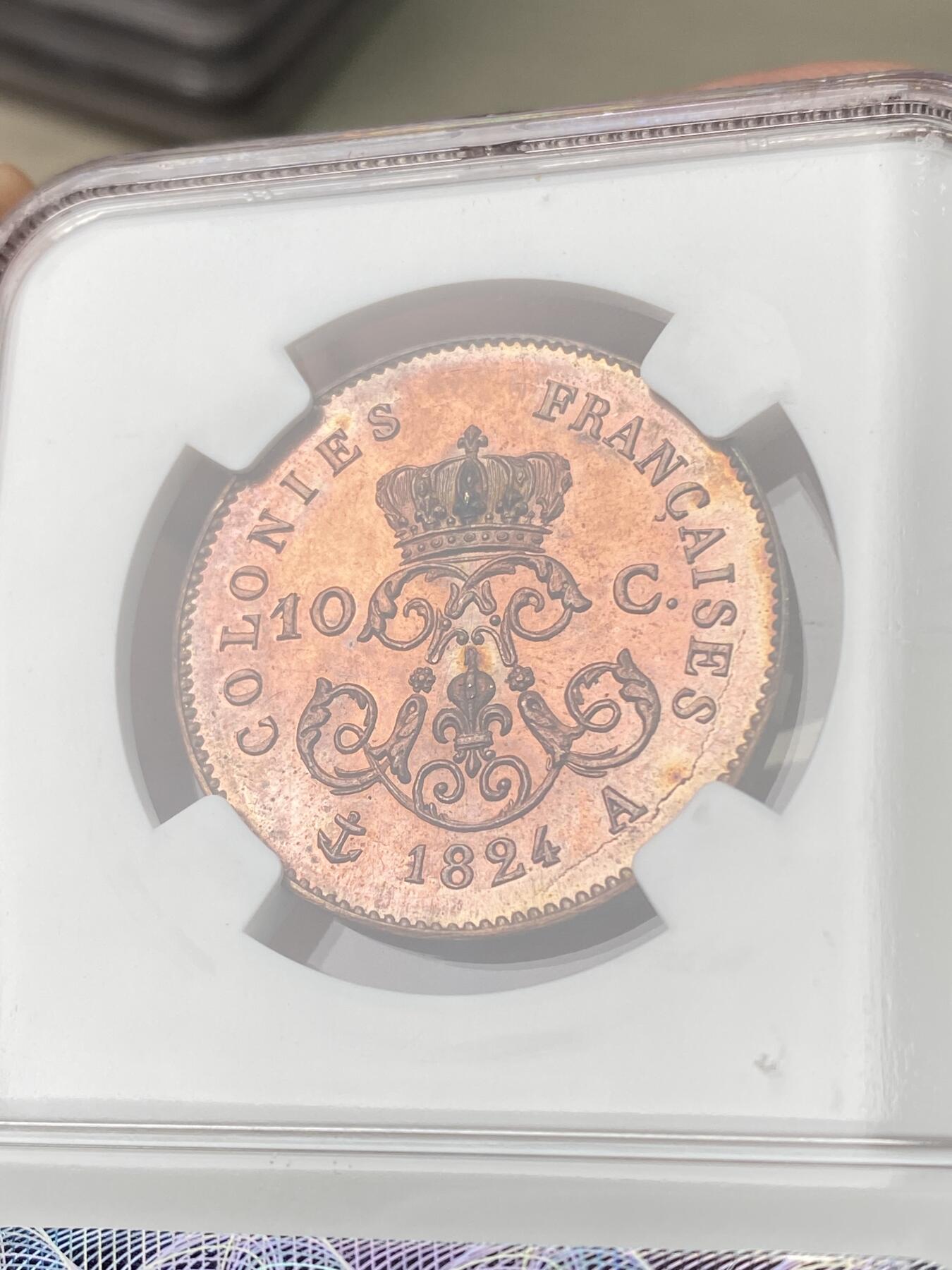 万国钱币拍卖第060期（万国六十期纪念大拍） NGC MS63RB 1824法属殖民地路易十八10分铜样币 巴黎厂铸造 试样用于法国在加勒比海地区的殖民地 镜面精铸红铜光状态难得