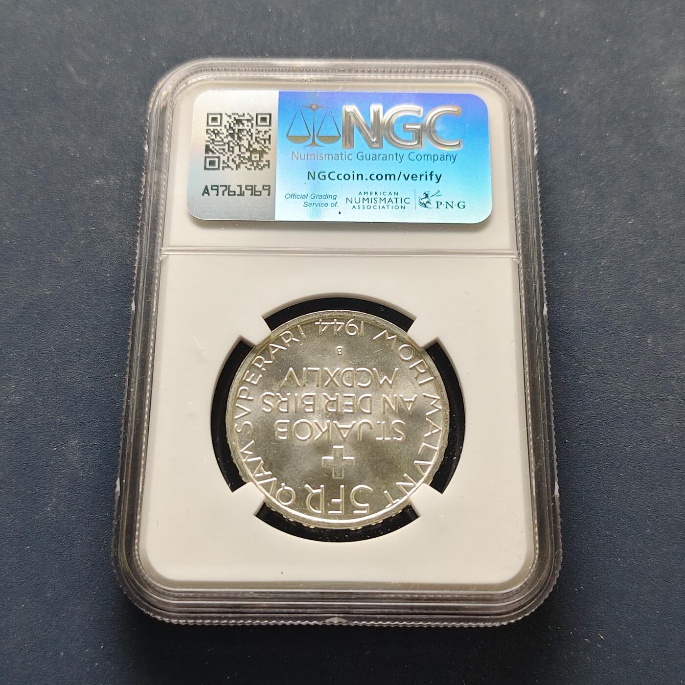 【全场包邮】纯粹捡漏拍499场-持续更新中 【收藏级】瑞士1944年5法郎比尔河畔圣雅各布战役500周年纪念银币【31毫米15克83.5%，纯银价约350元（按28元银价折算）】-NGC MS66