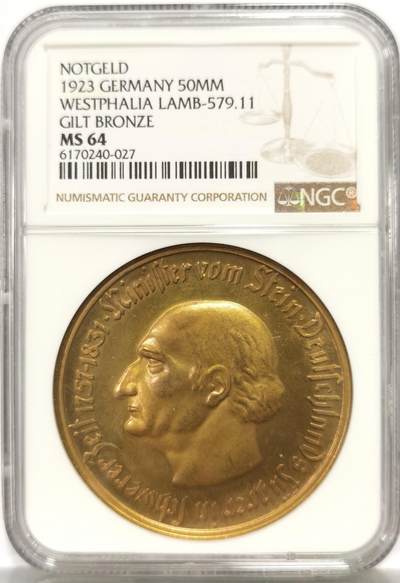 博洋堂世界钱币拍卖第159期（全场包邮） - NGC MS64 德国1923年威斯特伐利亚5千万马克镀金铜紧急货币