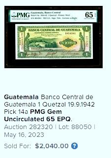 【Blue Auction】世界纸币精拍第781期——18级TOP拍卖/信誉/品质/专业/高效💫  【大涨品种】危地马拉 1934-42年1格查尔 W&S印制 清新唯美 PMG65EPQ 绝品 正面风景唯美 国鸟格查尔鸟（凤尾绿咬鹃）在古代玛雅和阿兹特克文明中被认为是羽蛇神的化身，象征着天国与灵魂，是一种受到尊崇的圣鸟，背面世界文化遗产基里瓜玛雅石柱 非常漂亮的一张纸币 顶级高分 值得收藏