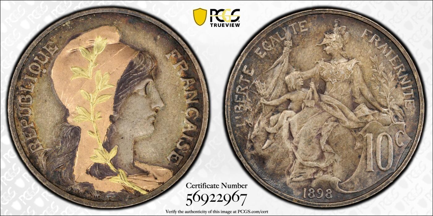 博洋堂世界钱币拍卖第159期（全场包邮） PCGS AU 法国1898年10分铜币，少见当年镀金