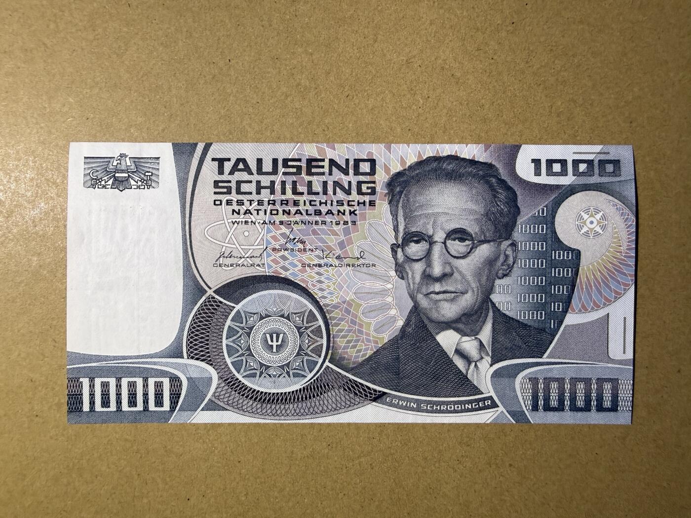 《艾美收藏》第230期-2.1周日外币年前精品场 奥地利1000先令 UNC 1983年薛定谔 角上有处轻微荧光 无4双尾