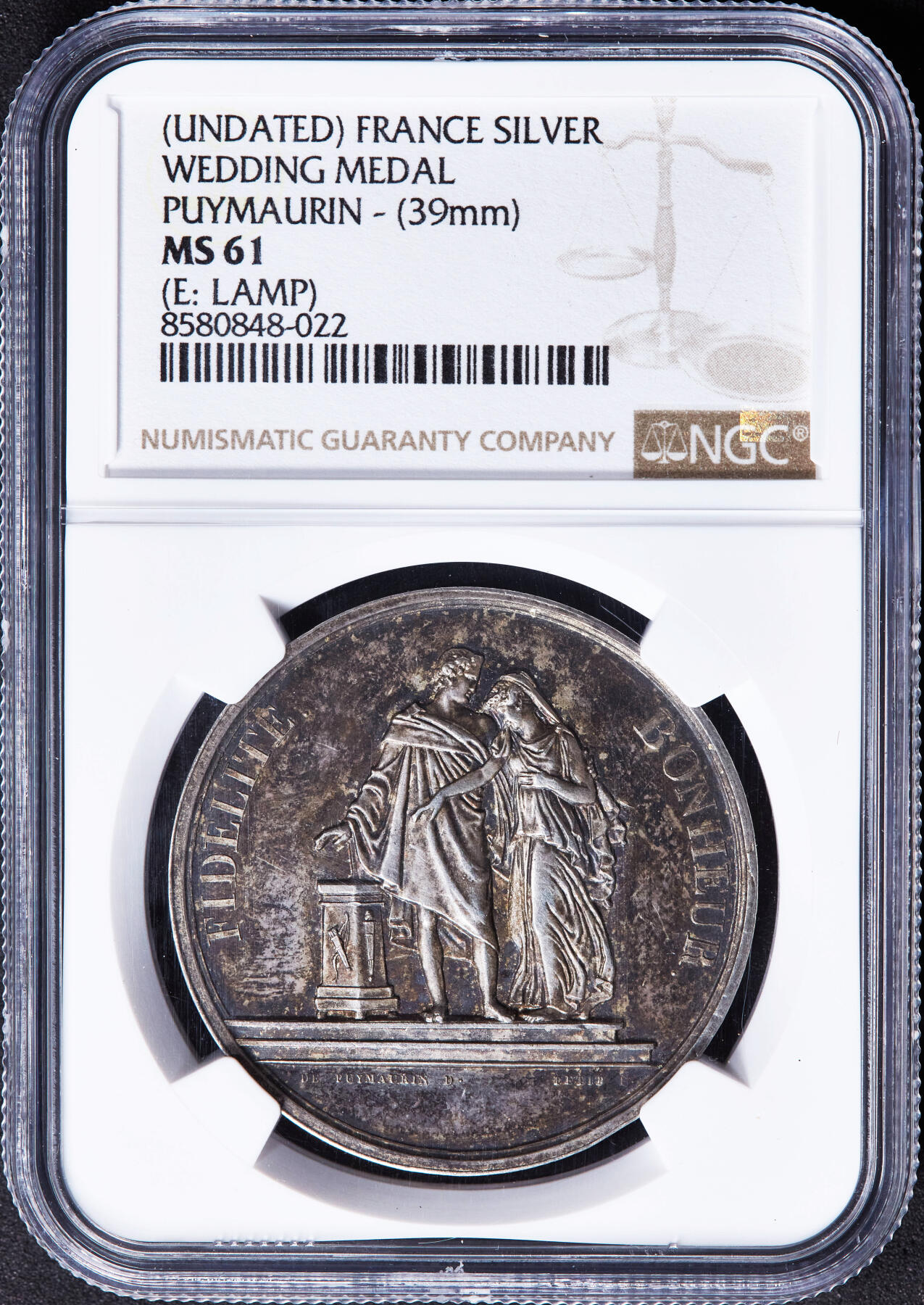 【俄甄集藏】马年新春第一拍 2026年(048)02-25星期三 晚 19:30 全场包邮 法国1832-1841年著名章牌艺术家让-皮埃尔·德·皮莫兰作品结婚大银章，NGC MS61，黄油酱彩老包浆，设计精美，直径39mm，油灯铭，原铸年份稀少