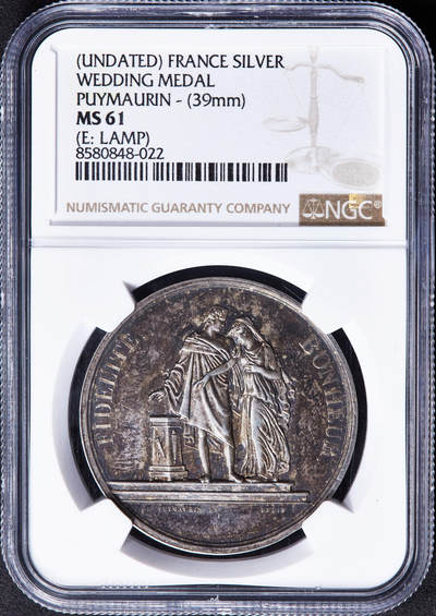 【俄甄集藏】马年新春第一拍 2026年(048)02-25星期三 晚 19:30 全场包邮 - 法国1832-1841年著名章牌艺术家让-皮埃尔·德·皮莫兰作品结婚大银章，NGC MS61，黄油酱彩老包浆，设计精美，直径39mm，油灯铭，原铸年份稀少