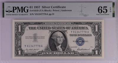 PMG评级美元 - 豹子身序列号:Y81347778A 1美元蓝库印银圆券Silver Certificate, $1 1957 Small Size