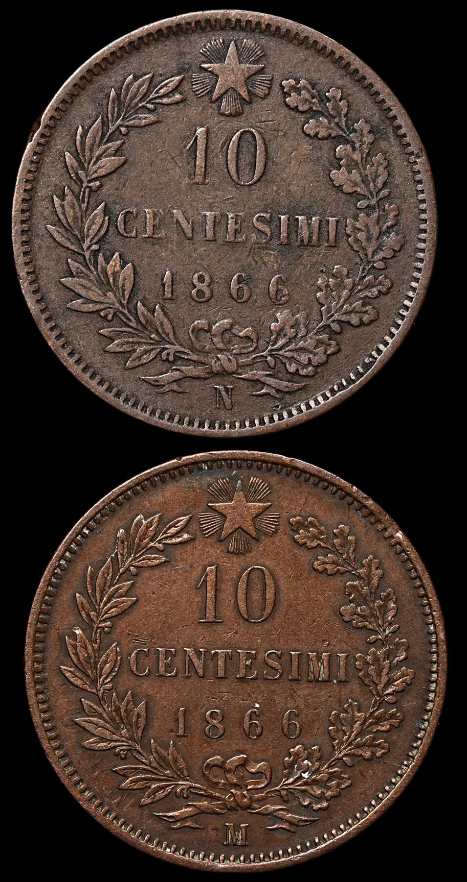 修遠堂世界钱币第103期 1866年意大利10分铜币两枚，N，M厂铭各一