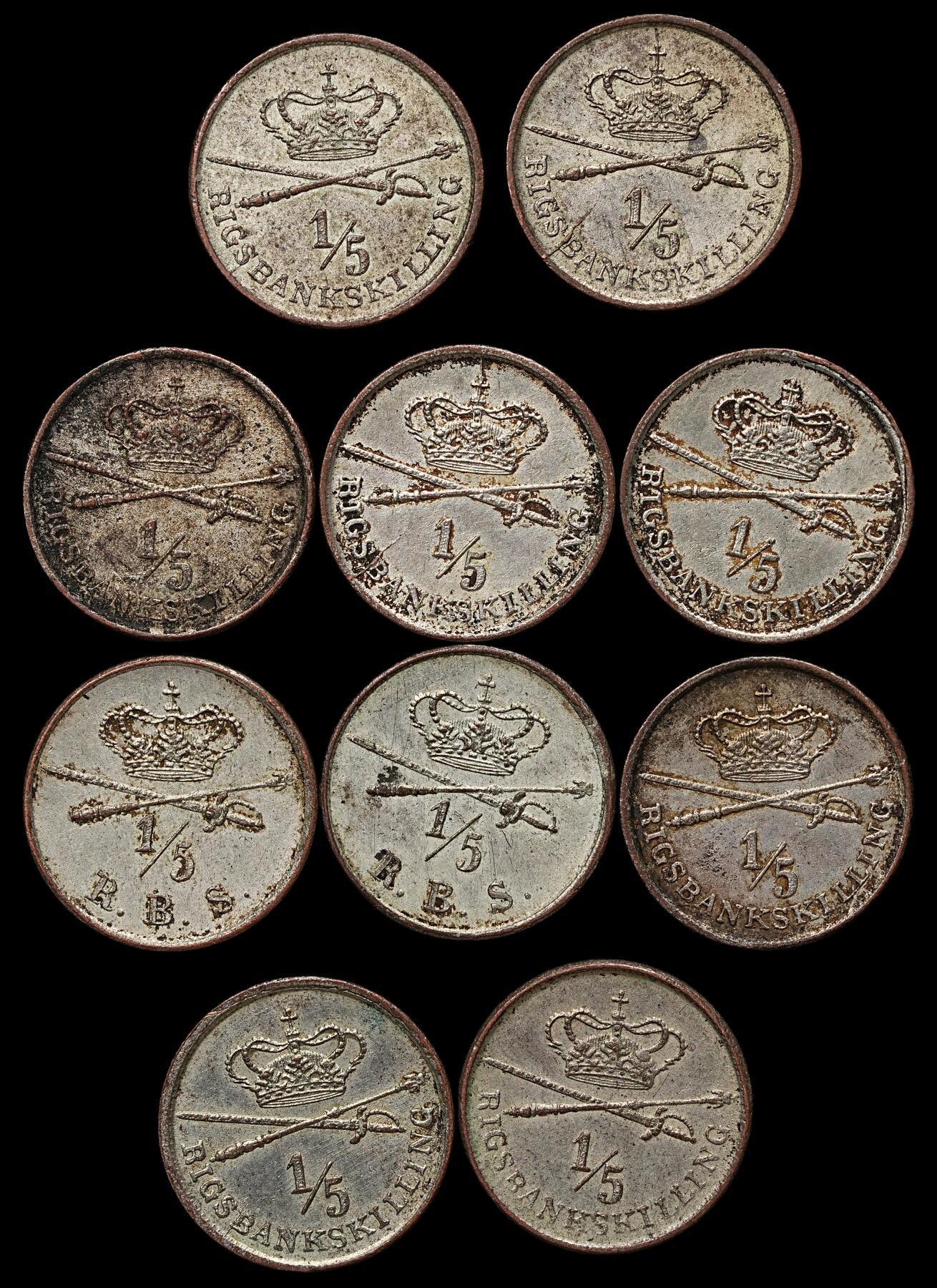 修遠堂世界钱币第103期 1842 年丹麦 1/5 Rigsbank Skilling铜币，全部鎏银，未流通品