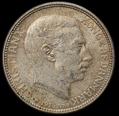 修遠堂世界钱币第103期 - 1916年丹麦海豚1克朗银币，7.51g，含银80%