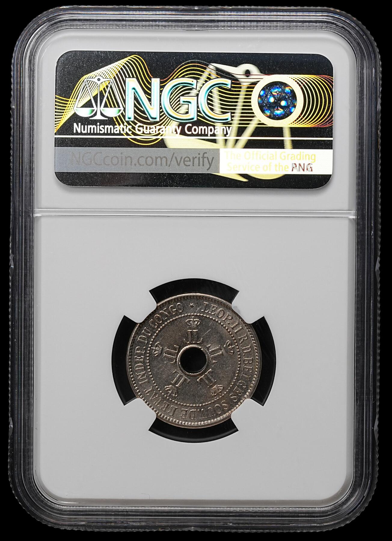 修遠堂世界钱币第103期 NGC MS63 1906年刚果自由邦中孔10分，年份少见