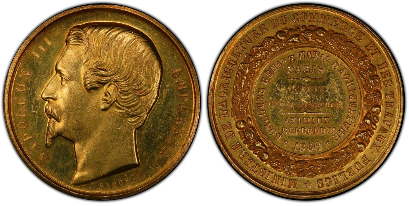 万国钱币拍卖第060期（万国六十期纪念大拍） PCGS SP62 拿破仑三世农业和贸易部金章 迷人的高浮雕加镜面底板，让人爱不释手，正面为拿三头像，背面为丰饶花环以及获奖者塔舍尔伯爵的名称，24.85g 920金   奖章获得者塔舍尔伯爵与拿破仑一世的第一任皇后约瑟芬·德·博阿尔存在家族关联