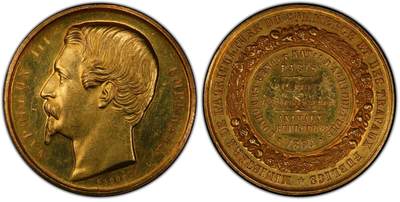 万国钱币拍卖第060期（万国六十期纪念大拍） - PCGS SP62 拿破仑三世农业和贸易部金章 迷人的高浮雕加镜面底板，让人爱不释手，正面为拿三头像，背面为丰饶花环以及获奖者塔舍尔伯爵的名称，24.85g 920金   奖章获得者塔舍尔伯爵与拿破仑一世的第一任皇后约瑟芬·德·博阿尔存在家族关联