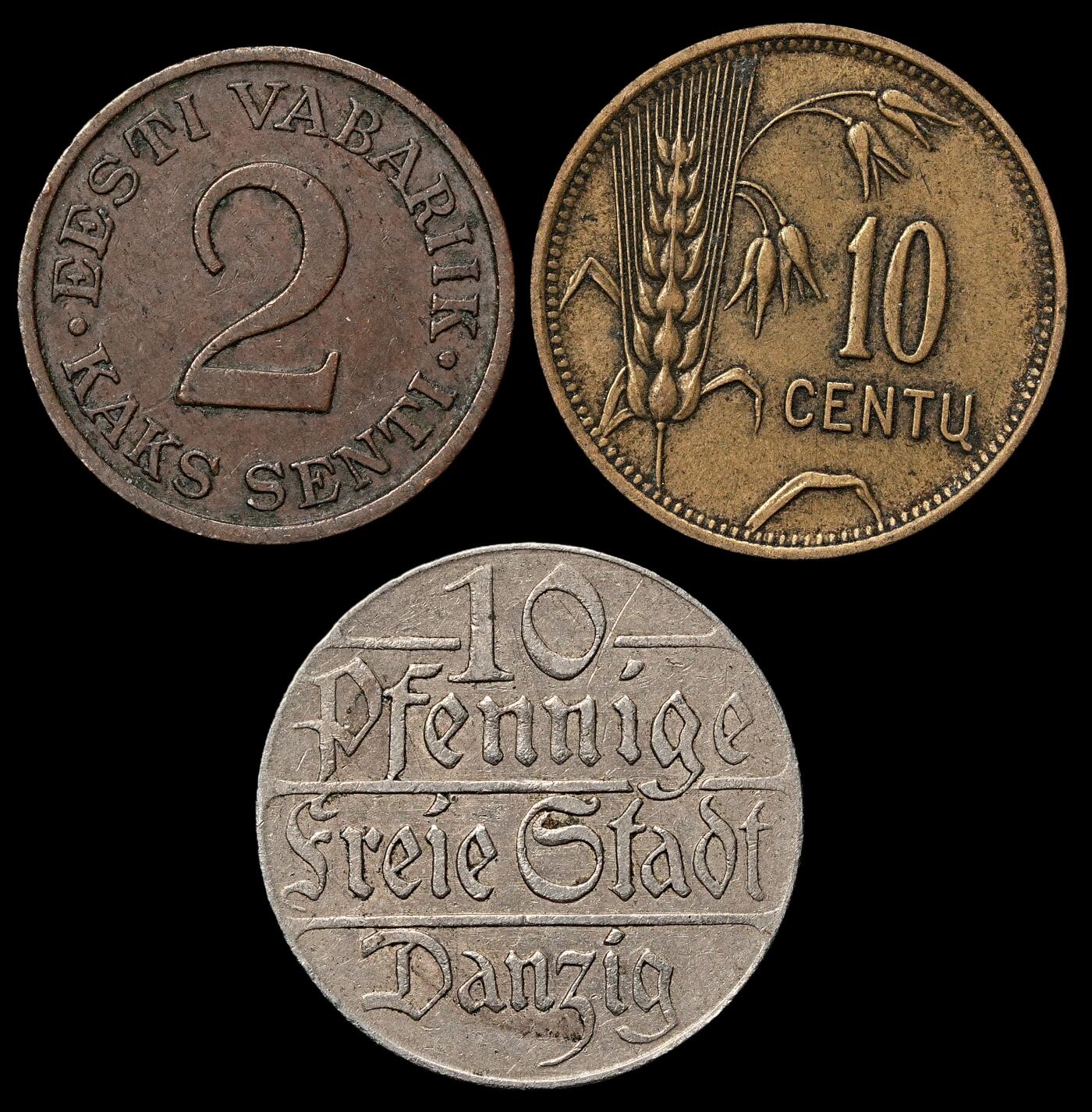 修遠堂世界钱币第103期 爱沙尼亚，立陶宛，但泽自由市硬币3枚