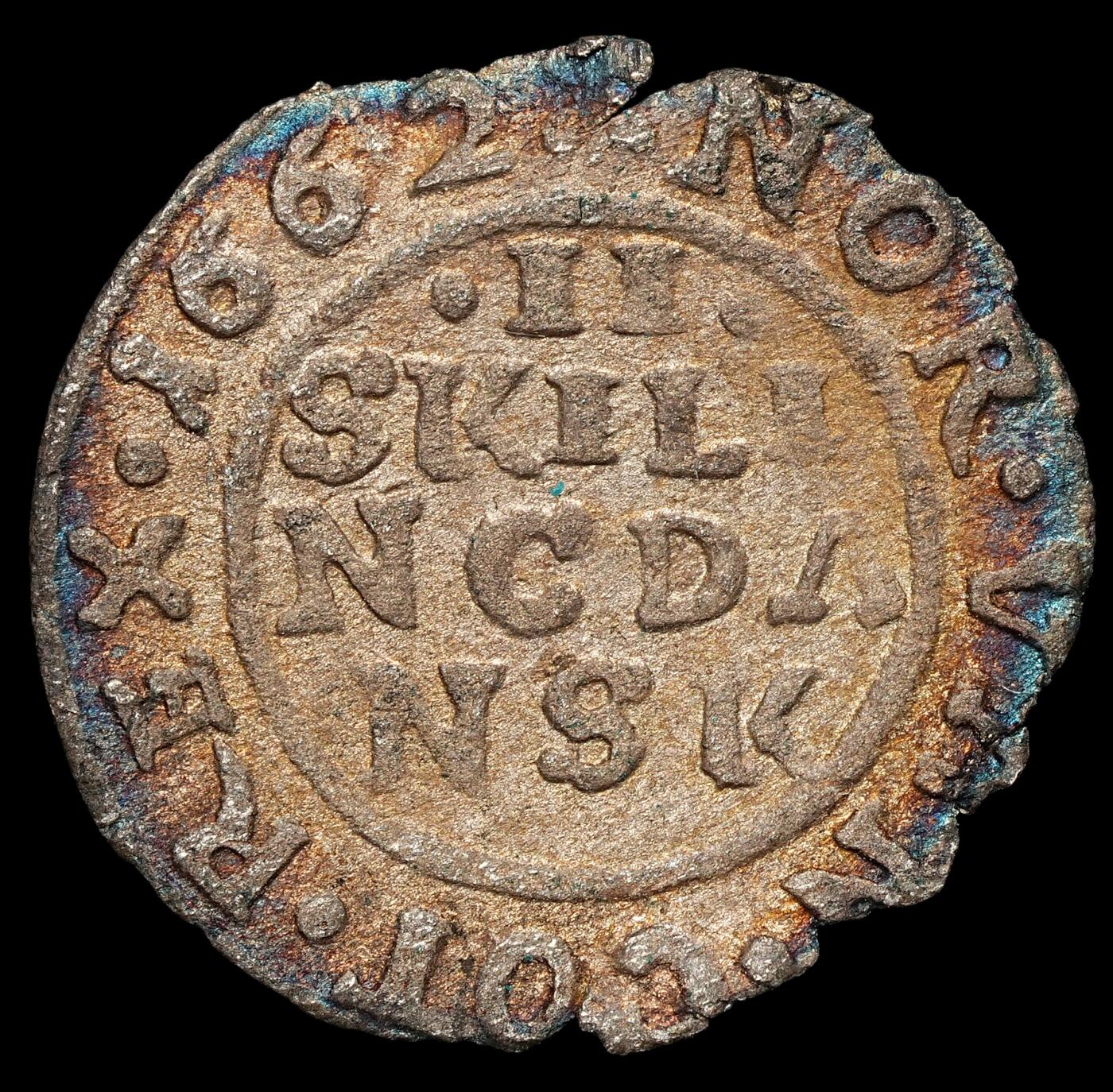 修遠堂世界钱币第103期 1662年丹麦2 SKILLING银币 0.65g