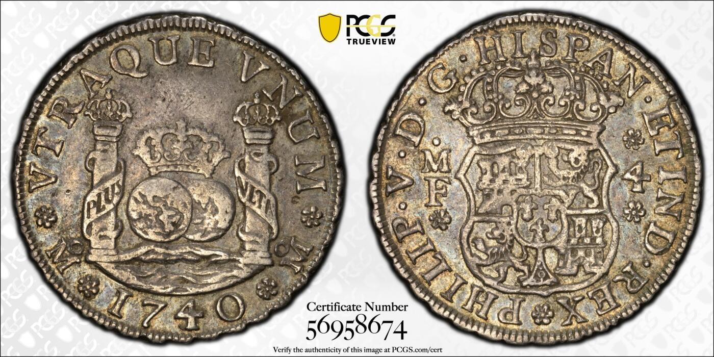万国钱币拍卖第060期（万国六十期纪念大拍） PCGS XF40 1740MO MF西属墨西哥地球双柱4R银币 高难地球半圆品种 有分状态已是非常不易 原味黑五彩极美  PC唯一冠军典藏级