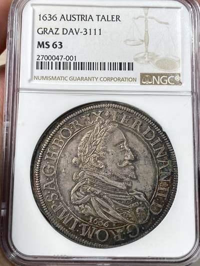万国钱币拍卖第060期（万国六十期纪念大拍） - NGC MS63 神圣罗马帝国1636年费迪南德二世大泰勒  格拉茨厂铸。正面为头戴桂冠，身着戎装的皇帝肖像，背面是格拉茨厂的特色华美盾徽。五彩原味厚包浆，打制深峻且周正，63中的佼佼者。类似63分在25年欧拍成交价约合3万人民币。