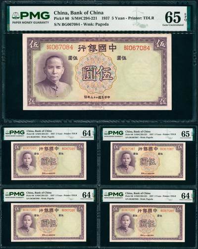 上海炎玺拍卖 玺纳祥瑞 - 民国二十六年中国银行伍圆连号一组5枚 PMG 65 EPQ
PMG 64 EPQ