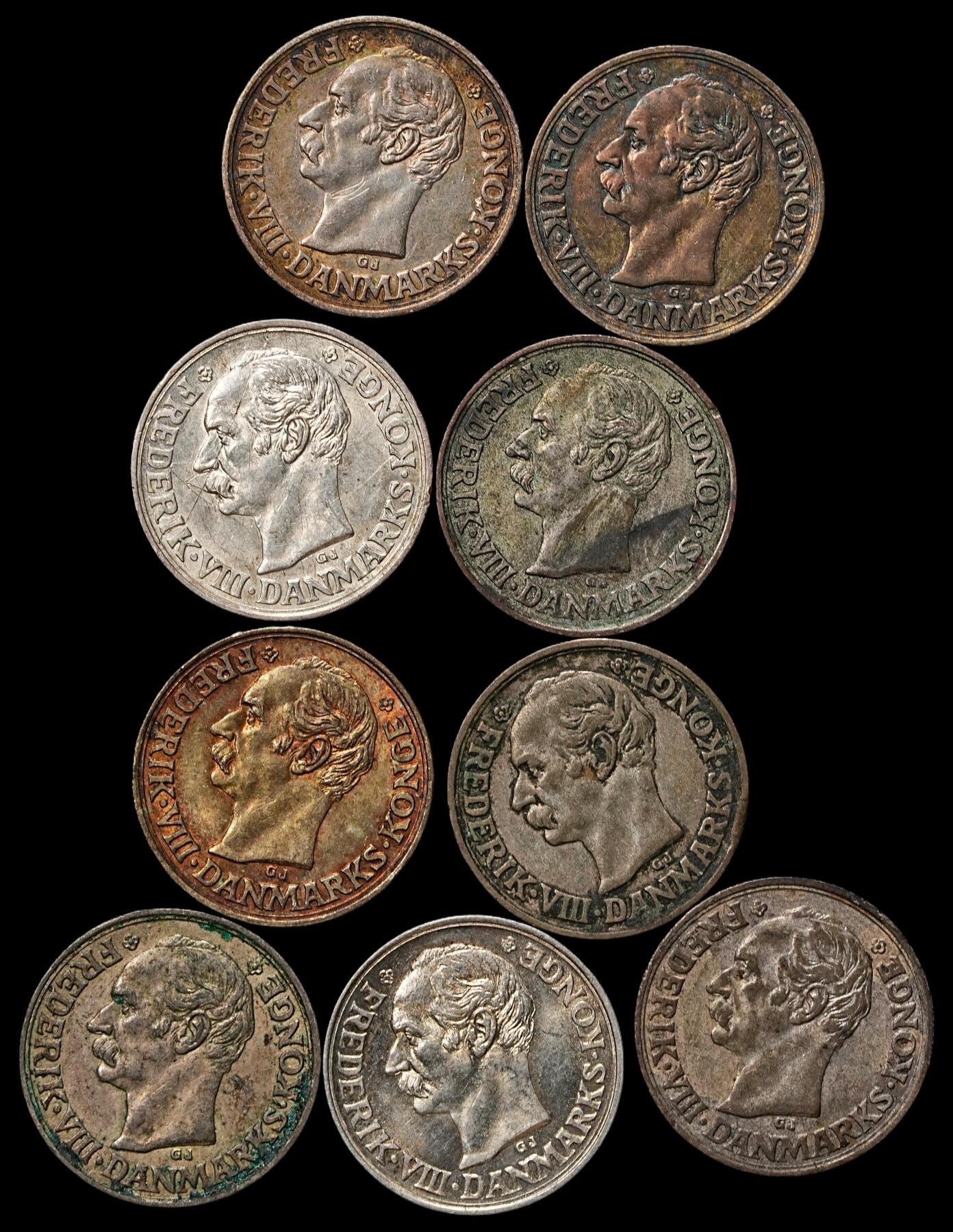 修遠堂世界钱币第103期 丹麦弗雷德里克八世时期10欧尔银币一组，总重12.76g，含银40%