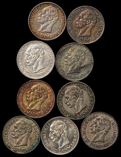 修遠堂世界钱币第103期 - 丹麦弗雷德里克八世时期10欧尔银币一组，总重12.76g，含银40%