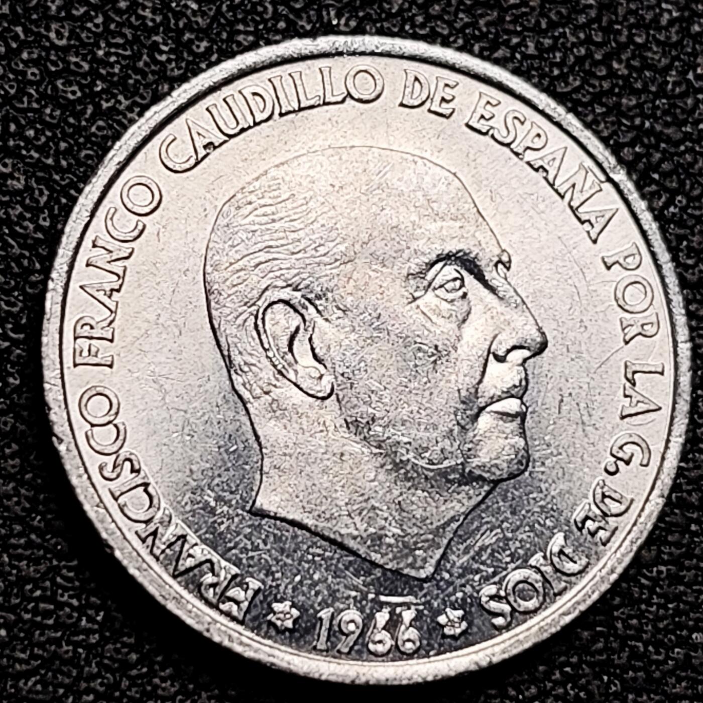 泉币菌-第180场- 精品福利场 弗朗西斯科佛朗哥 西班牙1966-年50分铝制人物硬币 20毫米 1g