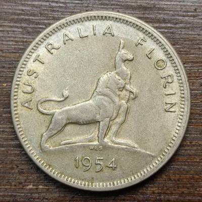 【春节前最后一拍，下一场3.3号】★第139加场★银币专场 不寄存，200包邮。不满200元，支付5元运费。《接受代拍 代送NGC评级》 - 19【无寄存】澳大利亚 1954年 伊丽莎白二世 1弗洛林 银币 袋鼠与狮王