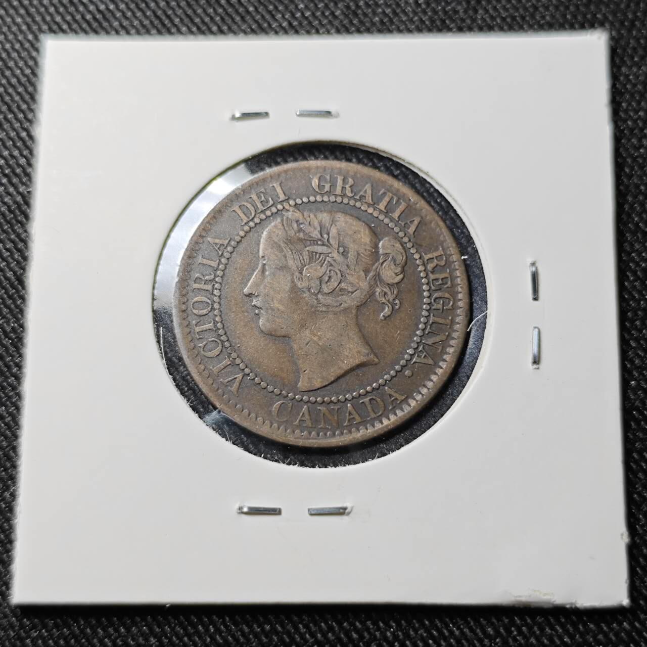 KK钱币收藏小铺  第398期 百期特拍（四拍之二） 2月预留时间 周末发货 1859英属加拿大维多利亚女王1分铜币  首版发行仅2年