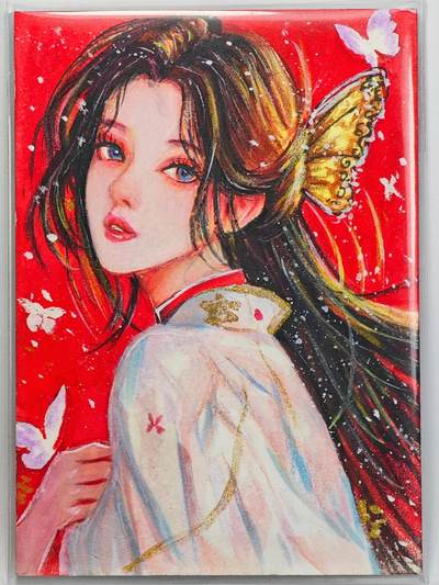 白泽拍卖卡牌手绘专场第32期（愿得长如此 年年物侯新） - 2025 善渊文创手绘卡 桃影拂衣佳人图  雨玲珑亲签