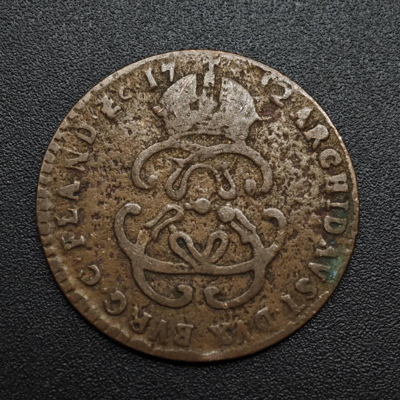 【淘币小摊】限时拍第八百六十拍  老铜币场  满百包邮可预留两周  周一统一发货  奥地利尼德兰1712年查理六世1LIARD铜币