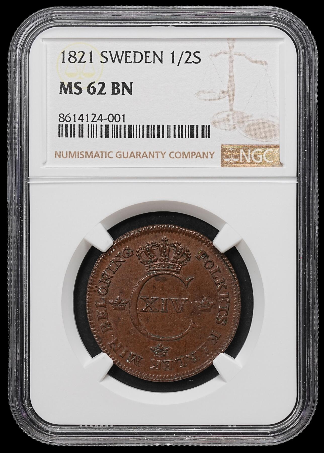 修遠堂世界钱币第103期 NGC MS62BN 1821年瑞典1/2 SKILLING铜币