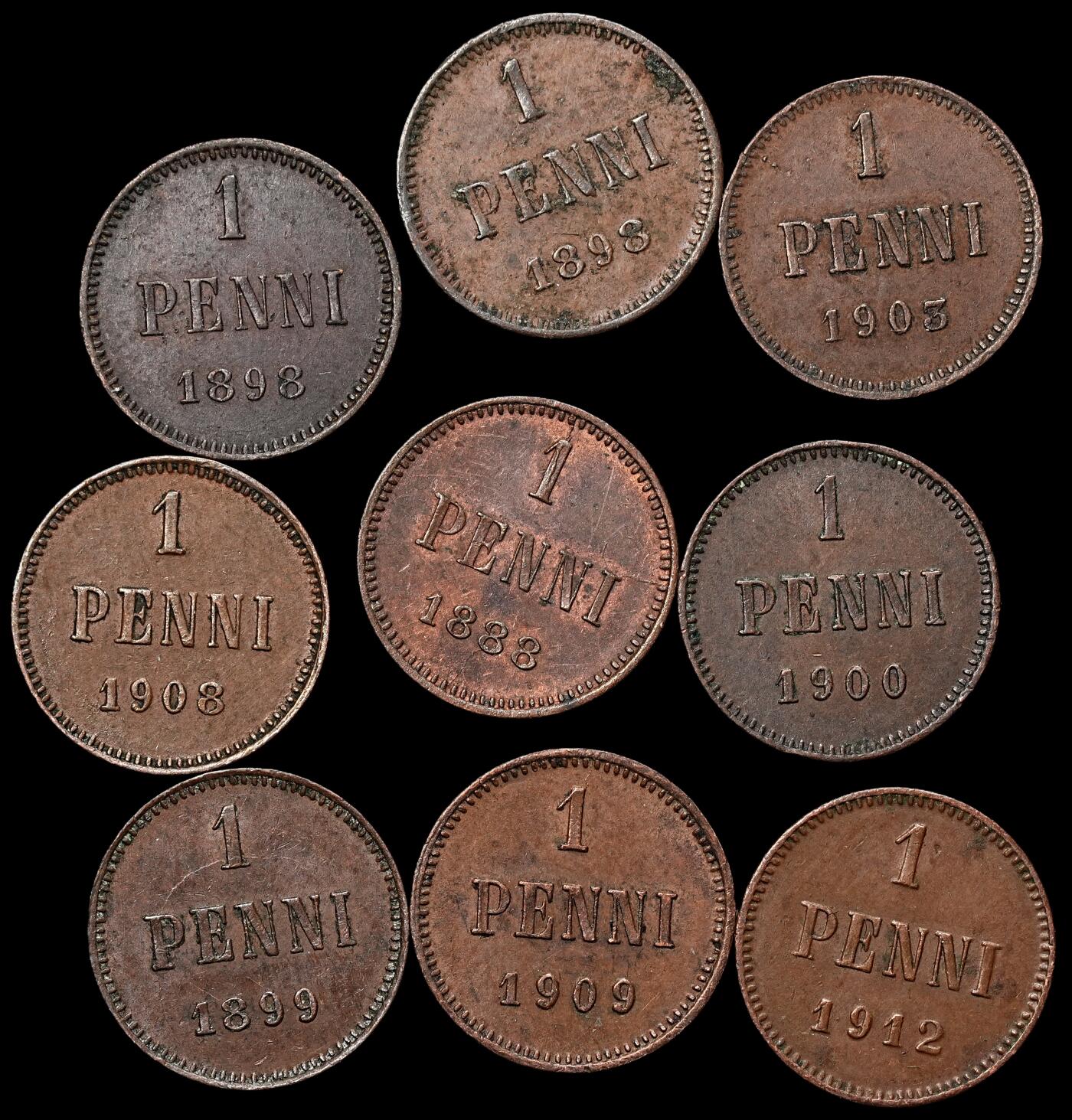 修遠堂世界钱币第103期 芬兰1盆尼铜币一组