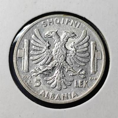 KK钱币收藏小铺  第398期 百期特拍（四拍之二） 2月预留时间 周末发货 -  1939意占阿尔巴尼亚5列克 银币