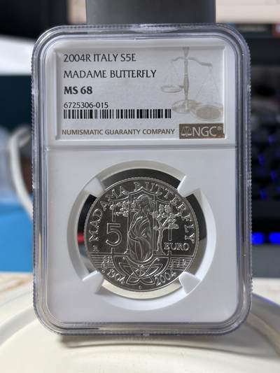 第190期拍卖 - 2004年克劳斯获奖币意大利蝴蝶夫人普制冠军分NGC-MS68分   18g,925银