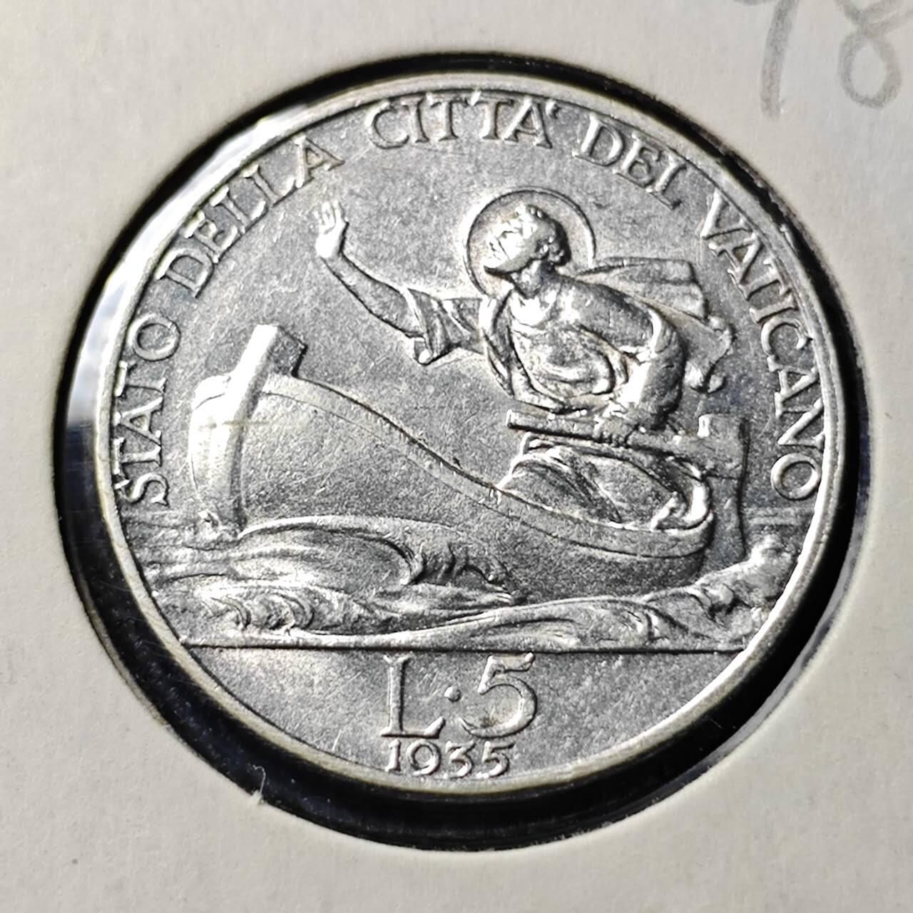 KK钱币收藏小铺  第398期 百期特拍（四拍之二） 2月预留时间 周末发货 1935梵蒂冈5里拉银币 
