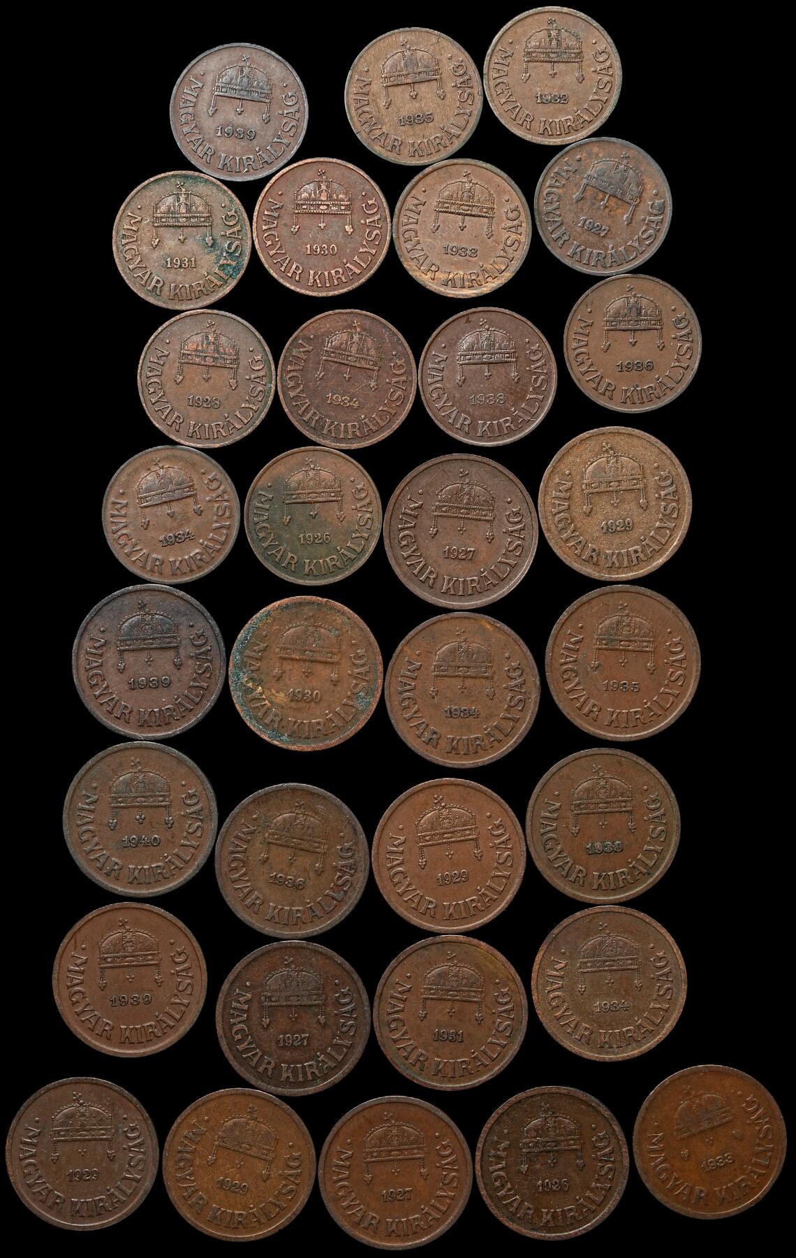 修遠堂世界钱币第103期 1926–1940年匈牙利王国1 菲勒， 2 菲勒铜币一组，摄政王霍尔蒂时期