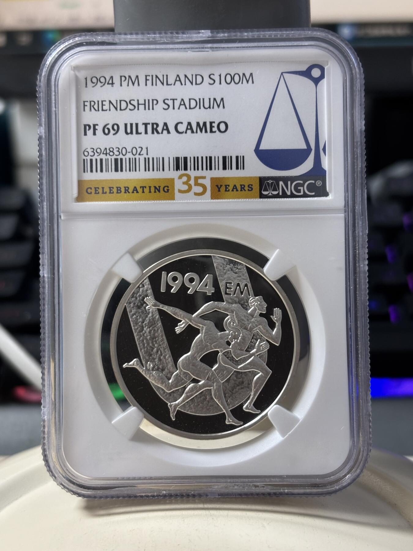 第190期拍卖 1994克劳斯获奖币芬兰跑步纪念银币NGC-PF69 24G,925银