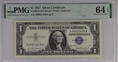 PMG评级美元 - AA首发冠A06821628A 1美元蓝库印银圆券Silver Certificate, $1 1957 Small Size