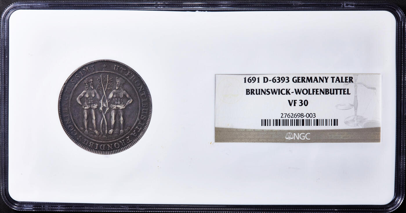 【俄甄集藏】马年新春第一拍 2026年(048)02-25星期三 晚 19:30 全场包邮 神圣罗马帝国-德国不伦瑞克-沃尔芬比特尔1691年野人1泰勒大银币，NGC VF30，酱彩包浆，原味状态