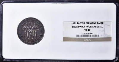 【俄甄集藏】马年新春第一拍 2026年(048)02-25星期三 晚 19:30 全场包邮 - 神圣罗马帝国-德国不伦瑞克-沃尔芬比特尔1691年野人1泰勒大银币，NGC VF30，酱彩包浆，原味状态