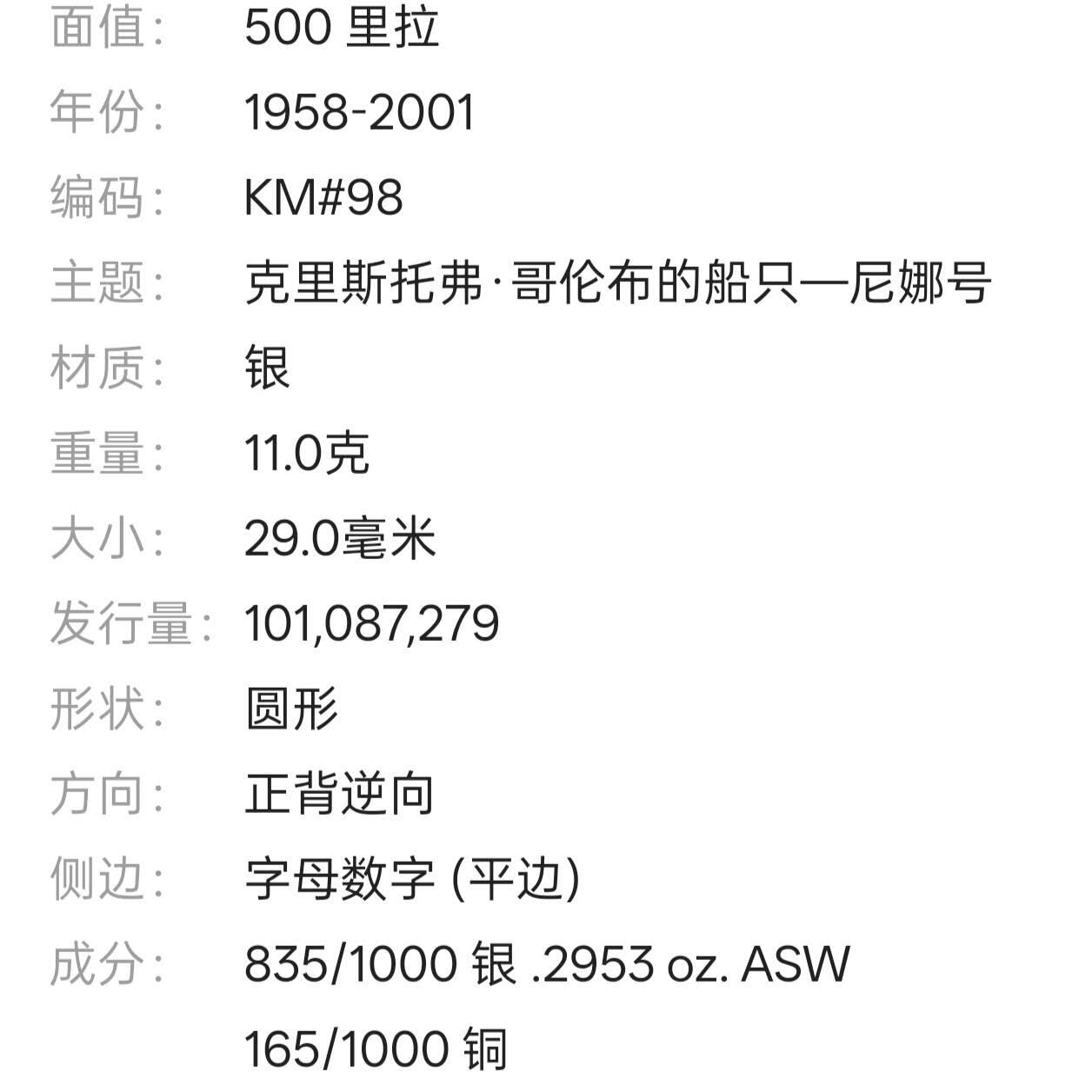 【春节前最后一拍，下一场3.3号】★第139加场★银币专场 不寄存，200包邮。不满200元，支付5元运费。《接受代拍 代送NGC评级》 52【无寄存】意大利 1958年 500里拉