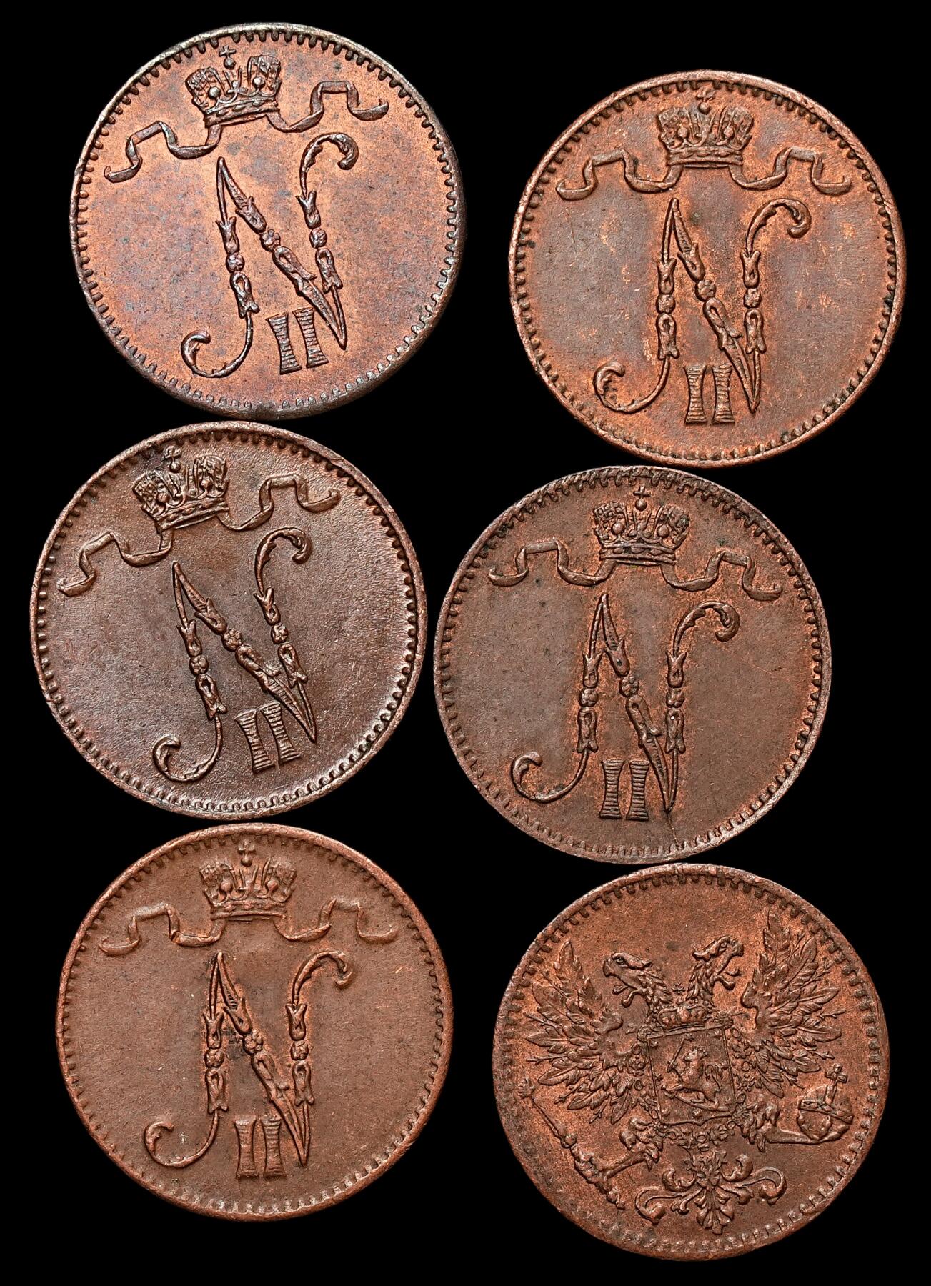 修遠堂世界钱币第103期 芬兰1盆尼铜币一组，未流通品