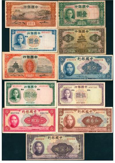 上海炎玺拍卖 玺纳祥瑞 - 中国银行壹圆、伍圆、拾圆、伍拾圆、壹佰圆一组11枚