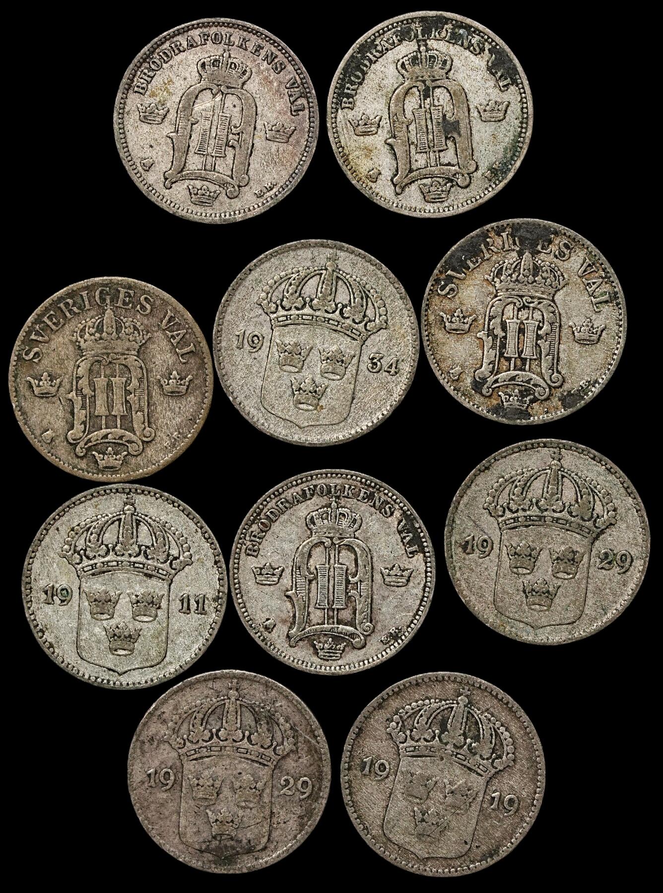 修遠堂世界钱币第103期 瑞典10欧尔银币一组，总重13.98g，含银40%