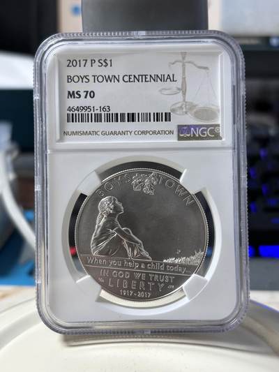 第190期拍卖 - 2017年美国儿童镇银币普制磨砂少见NGC-MS70满分，美国评级，26.73克，900银