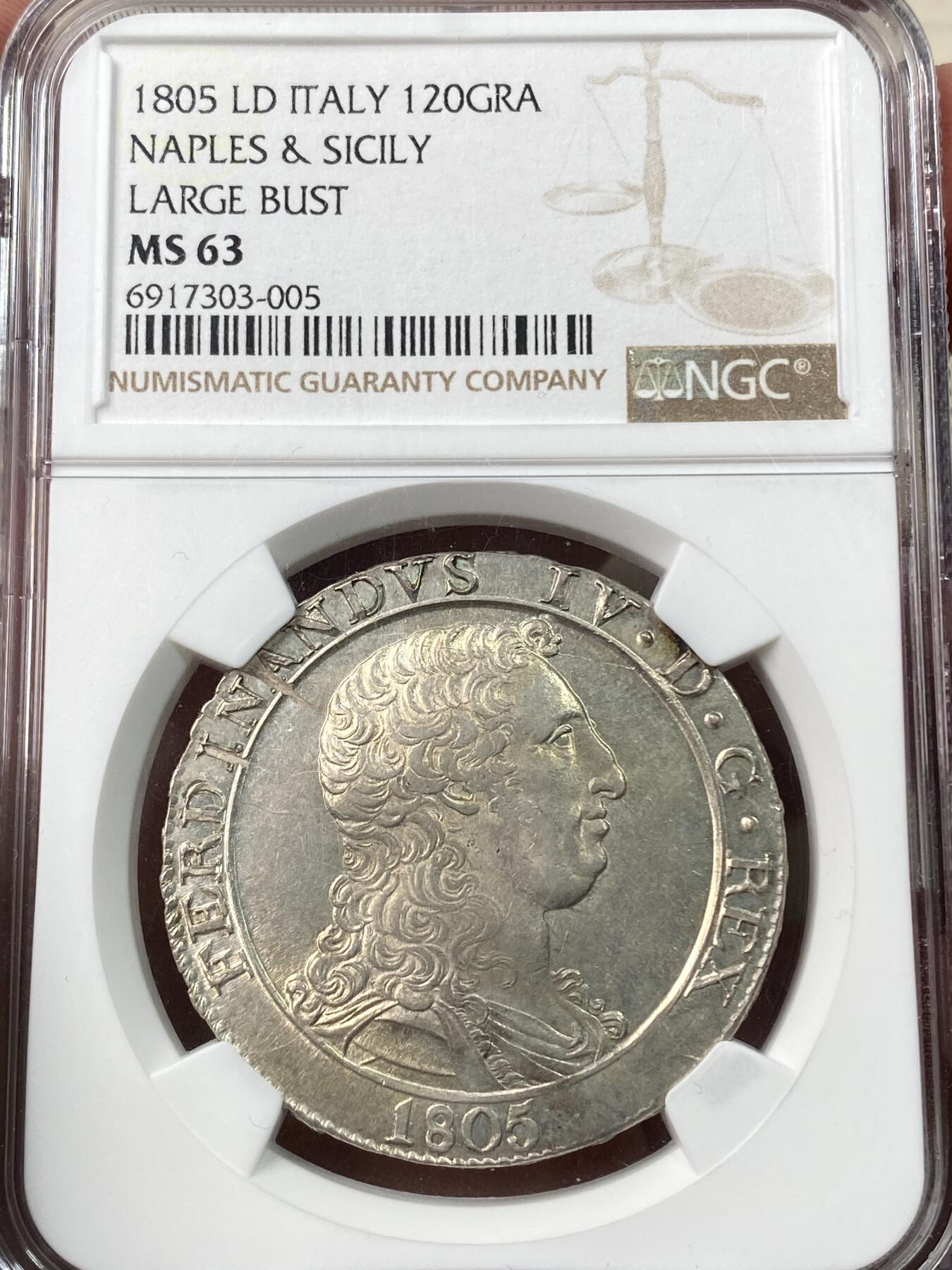 万国钱币拍卖第060期（万国六十期纪念大拍） NGC MS63 1805意大利那不勒斯和西西里费迪南德四世120格拉纳大银 大头版本 原味淡金彩包浆 