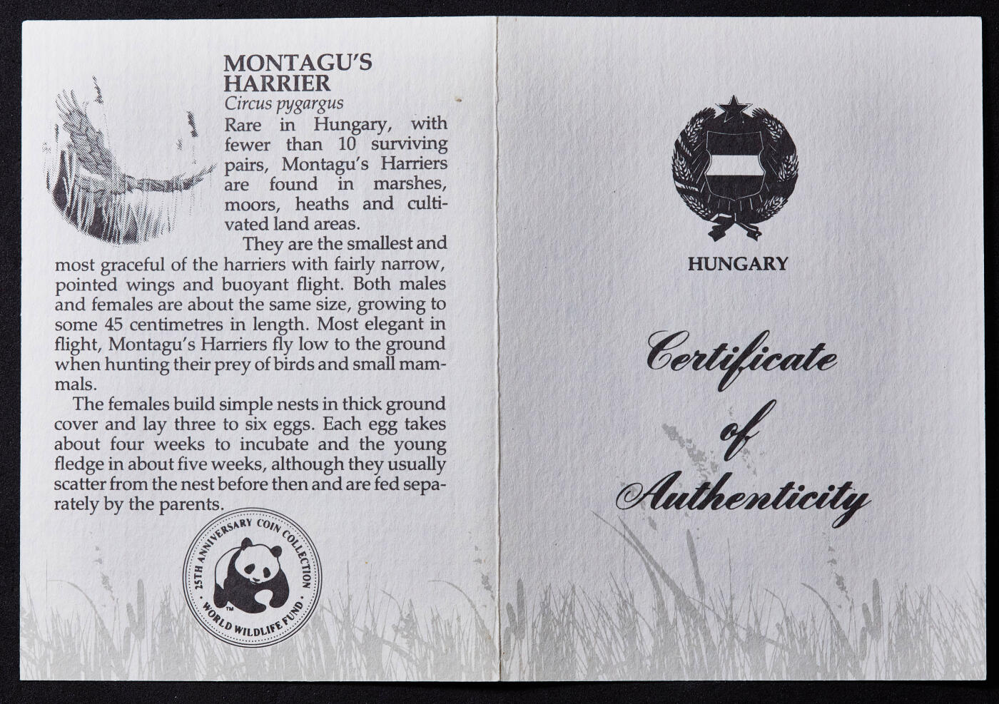 【俄甄集藏】马年新春第一拍 2026年(048)02-25星期三 晚 19:30 全场包邮 匈牙利1988年纪念世界野生动物保护基金会成立25周年500福林精制大银币，带证书，重28克，900银，发行量25000枚，币有氧化