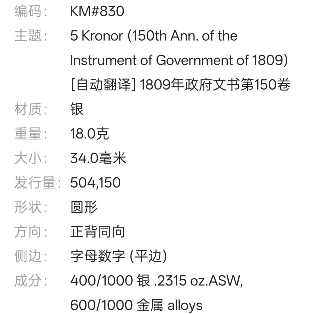 【春节前最后一拍，下一场3.3号】★第139加场★银币专场 不寄存，200包邮。不满200元，支付5元运费。《接受代拍 代送NGC评级》 37【无寄存】瑞典 1959年 5克朗纪念银币 宪法颁布150周年