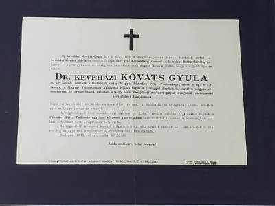 韵星假日军品类拍卖第三十九期暨默多克中校夫妇专场 -- Rimey Holidays Militaria Auction 39 & The Modoks Collection  - 匈牙利王国佩卡米哈利教授旧藏 凱維哈齊的久拉·科瓦茨 匈牙利皇家宮廷顧問、布達佩斯皇家帕茲曼尼·彼得大學退休教授、匈牙利科學院院士、匈牙利功績十字勳章二級星章及嘉獎章獲得者，以及教宗聖額我略大帝勳章指揮官十字勳章獲得者讣告一份 接受者和发出者均是匈牙利王国的著名学者 倒数两幅图为两人维基