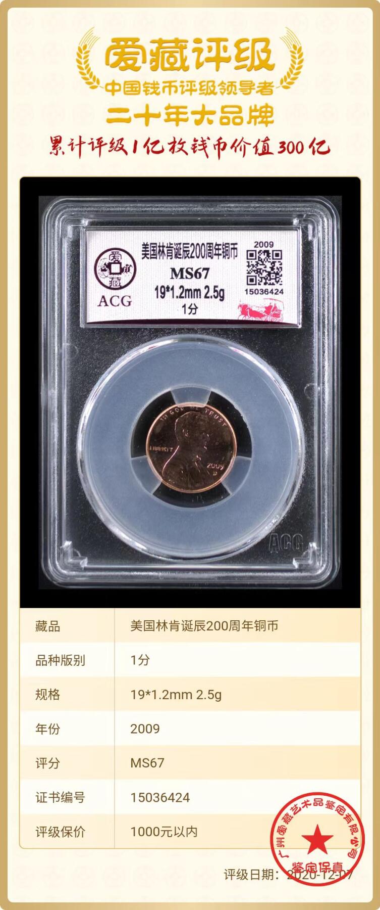 ACG评级美元硬币 【小木屋】美国林肯诞辰200周年铜币